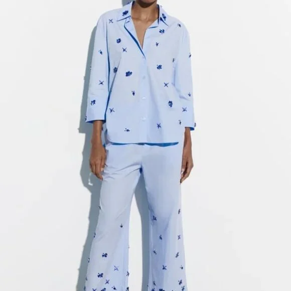 ZARA JEWEL POPLIN SHIRT AND PANTS BLUE SIZE M - Picture 2 of 7